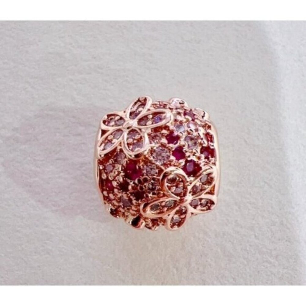 Pink Pavé Daisy Flower Charm - 14k rose gold - Fits Pandora Charm Bracelets - Picture 3 of 11
